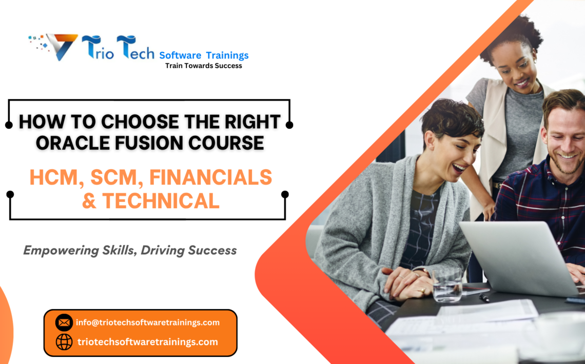 Chart comparing Oracle Fusion HCM, SCM, Financials, and Technical course career paths