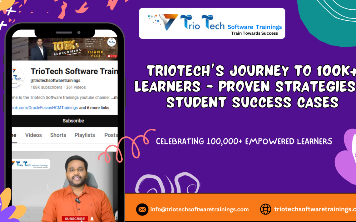 Celebration graphic showing Triotech’s 100K online learners and student success stories