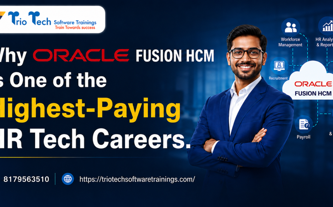 Oracle Fusion HCM training advertisement featuring a business professional and HR technology career benefits including payroll, recruitment, analytics, and automation.