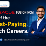 Oracle Fusion HCM training advertisement featuring a business professional and HR technology career benefits including payroll, recruitment, analytics, and automation.