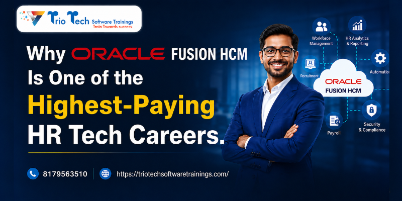 Promotional banner showing a professional in a blue suit with the text “Why Oracle Fusion HCM Is One of the Highest-Paying HR Tech Careers” and Oracle Fusion HCM cloud icons representing workforce management, payroll, recruitment, automation, security, and HR analytics.